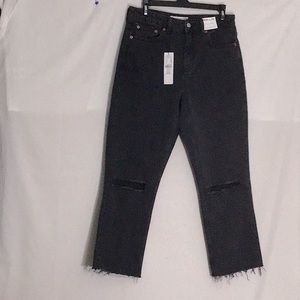 Topshop High waisted Straight leg cropped Ripped Jeans 8 Frayed Hem Charcoal